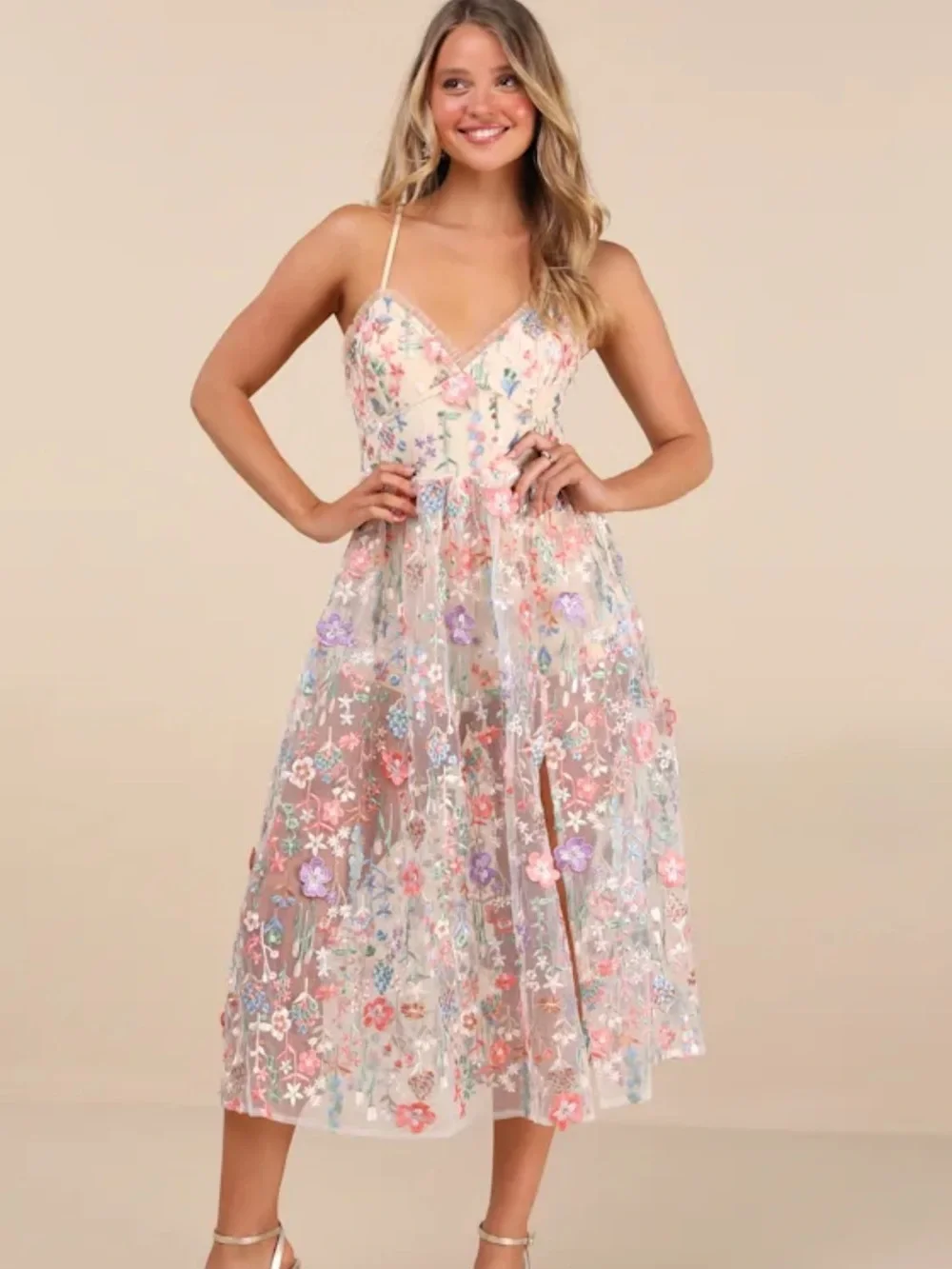 Mahryn Beige 3D Floral Embroidered Midi Bodysuit Dress - Picture 3 of 10
